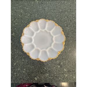 Anchor Hocking White Milk Glass Deviled Egg Plate Gold Trim 10" Party VTG